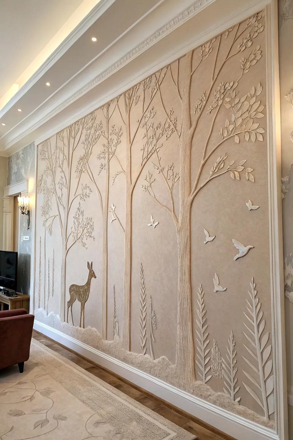 Transform your living room into a serene woodland escape with a handcrafted clay forest mural. 🌿✨ #MinimalistMagic #BohoScandi