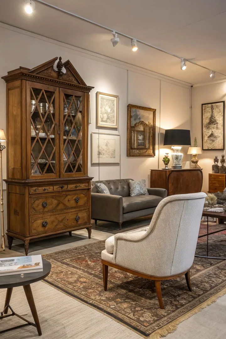 A living room blending antique pieces with modern decor.