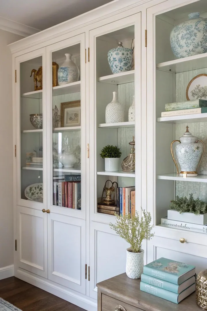 Glass doors add elegance and sophistication to built-in shelves.
