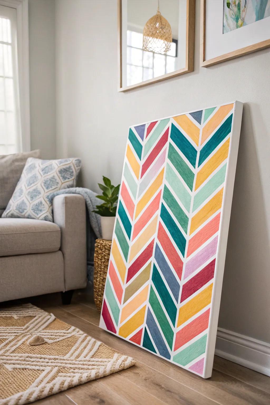 Transform your living space with a touch of artistic flair: a vibrant herringbone masterpiece for a chic minimalist look.