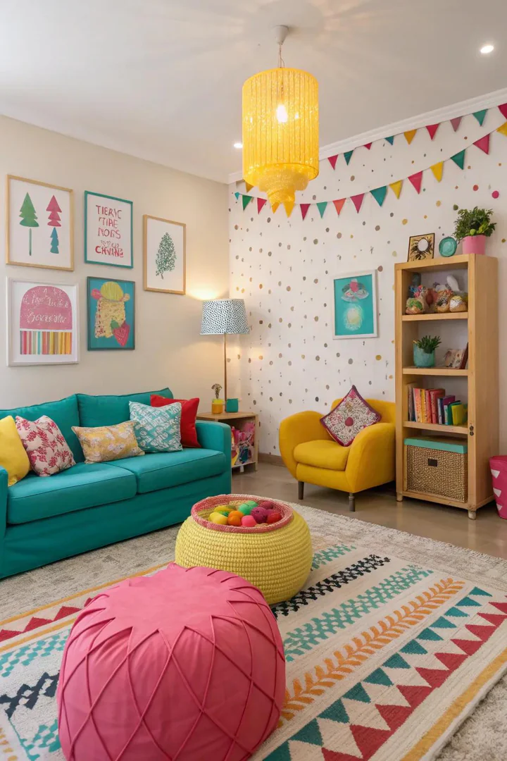 A multicolor scheme energizes this living room with playful charm.