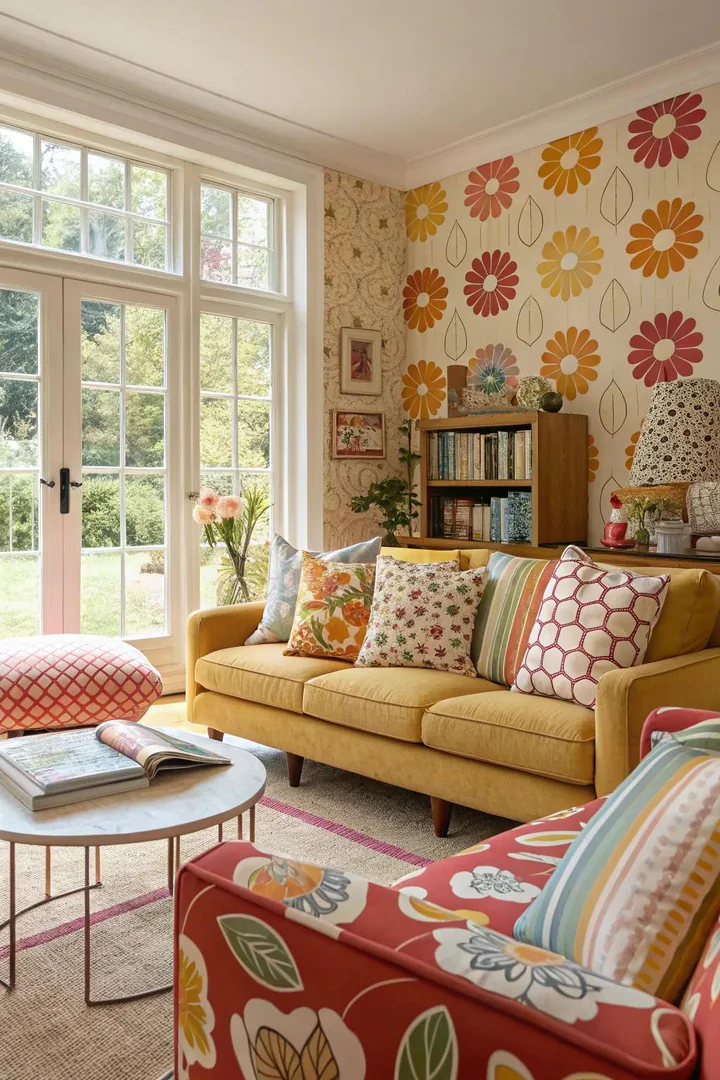A living room featuring playful patterns and prints for added vibrancy.
