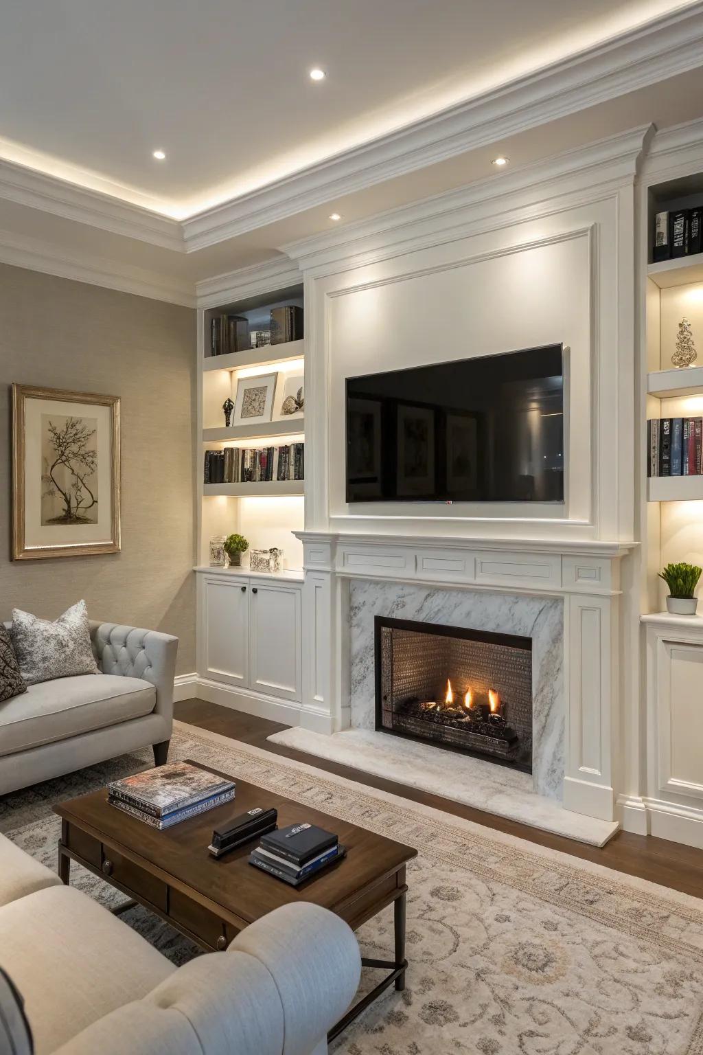 A hidden TV keeps the focus on the room's decor.