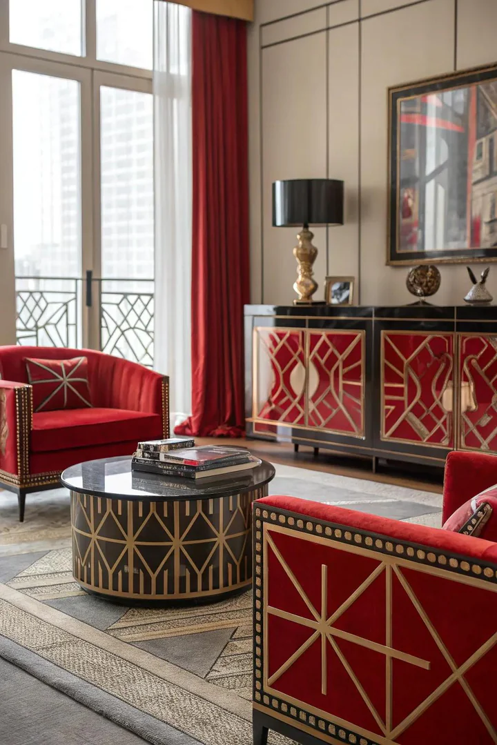 Art Deco style with red adds glamour and sophistication.