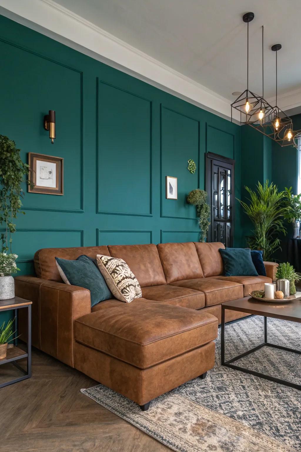 Bold wall colors create a dramatic backdrop for a brown sectional.