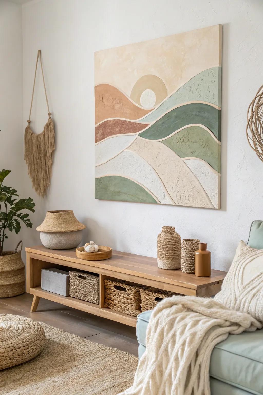 Add warmth and texture to your living room with this unique blend of yarn art and painting—where simplicity meets creativity.