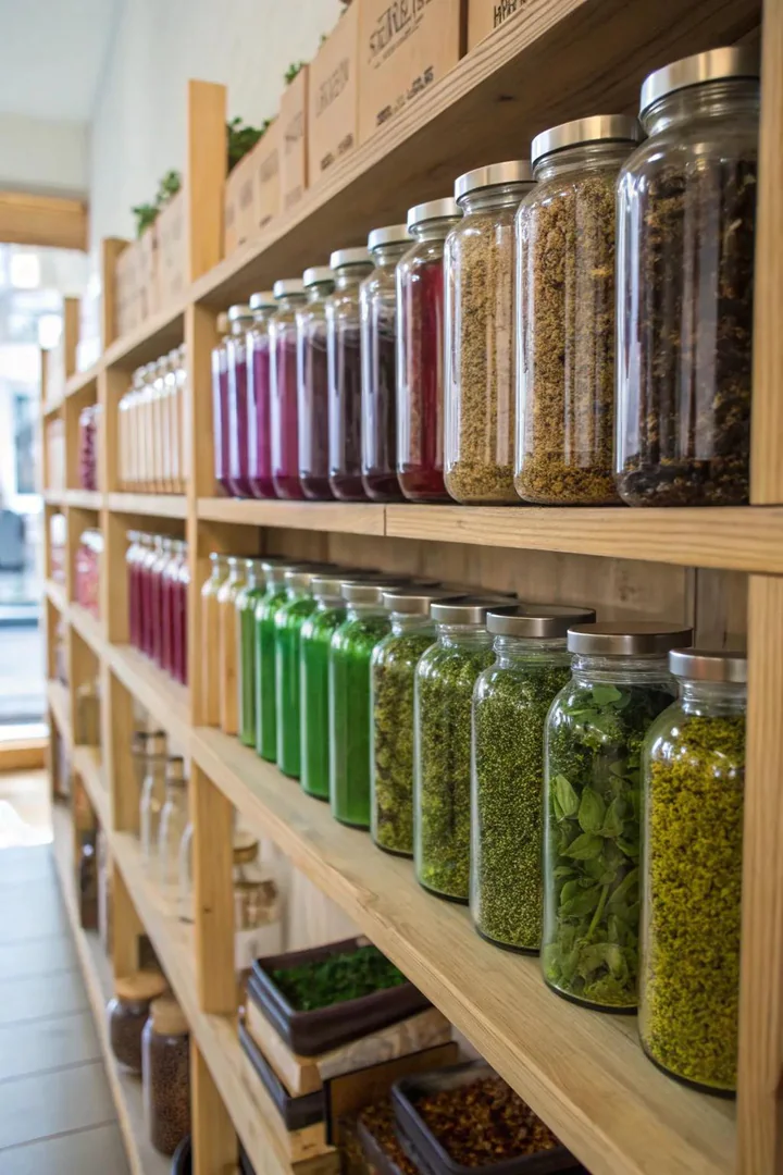 Potions and herbs add whimsy and function to your witchy space.