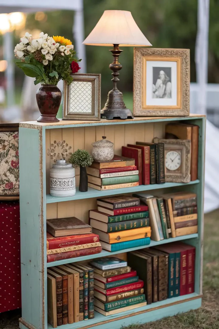 A creatively arranged bookshelf becomes a living room centerpiece.