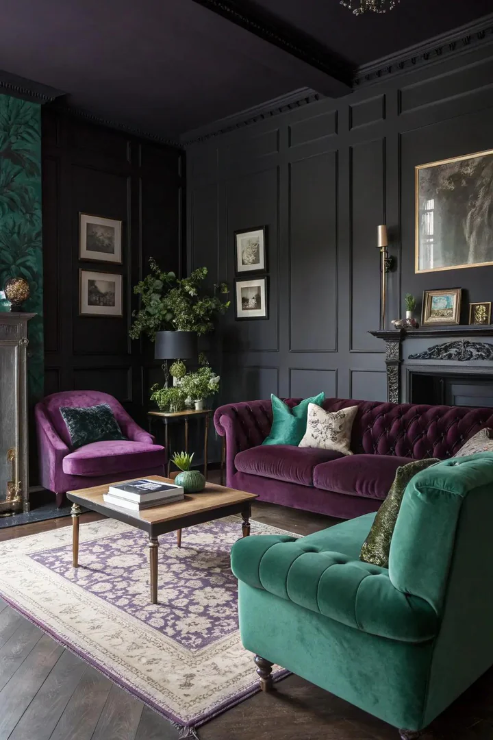 Dark colors add depth and mystery to your witchy living room.