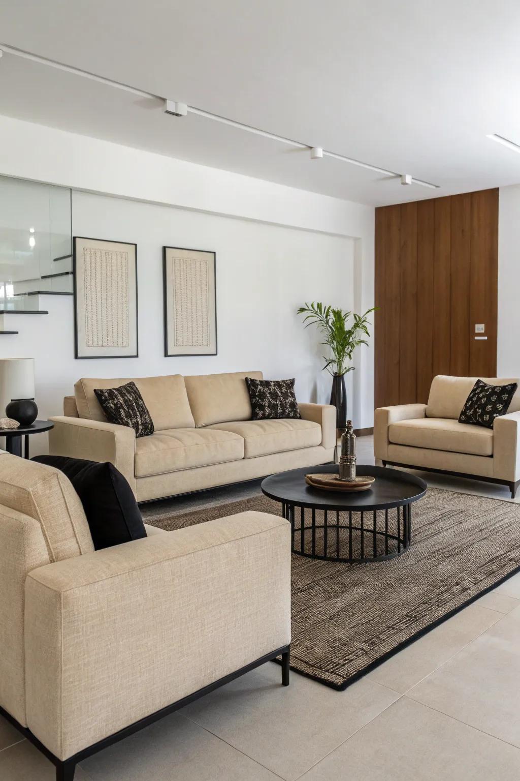 Minimalism at its finest in this serene black and beige living space.