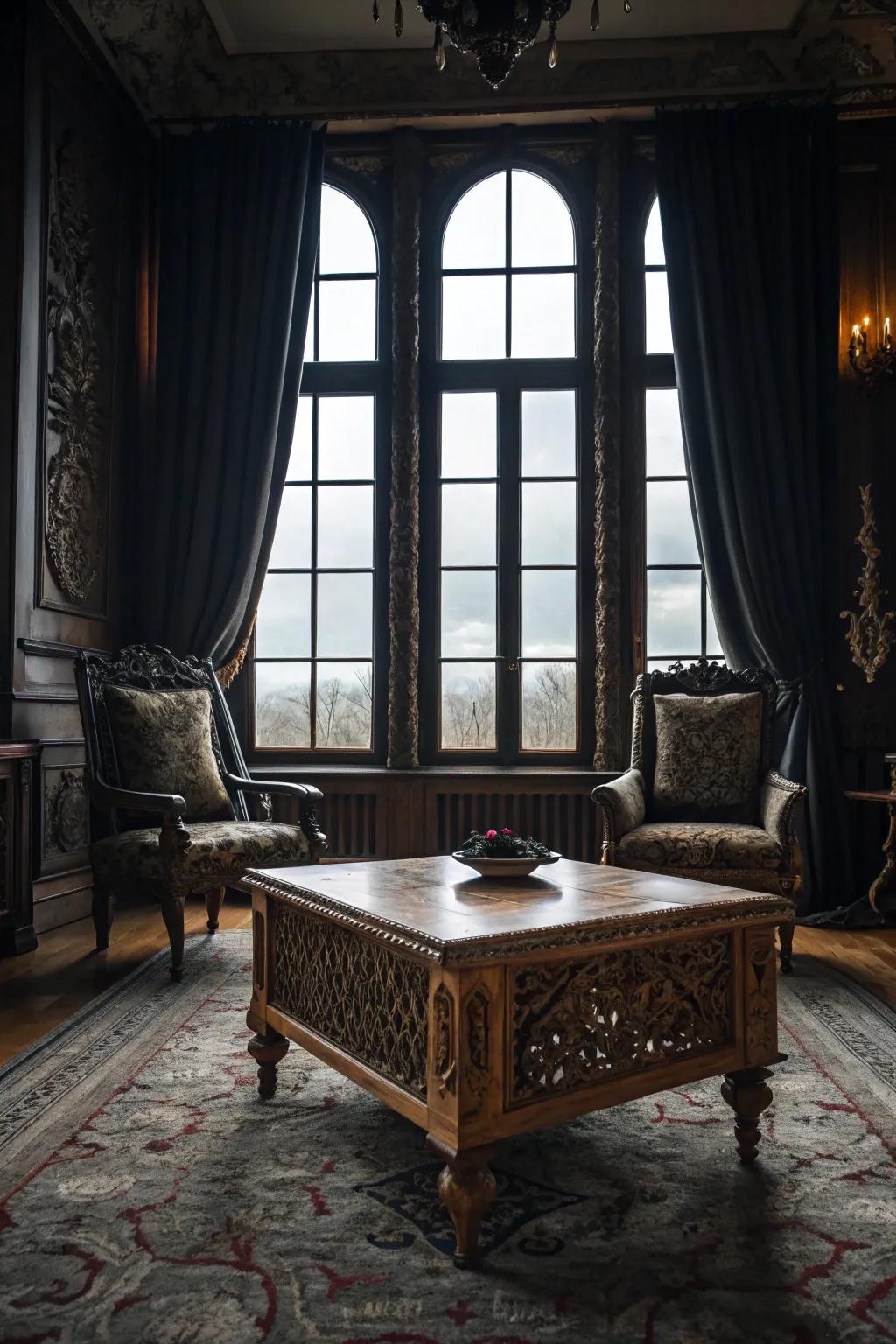 Ornate furniture provides a historical touch to the setting.