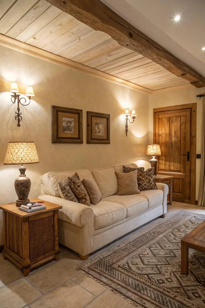 A warm and welcoming living room adorned with beige hues and cozy accents.