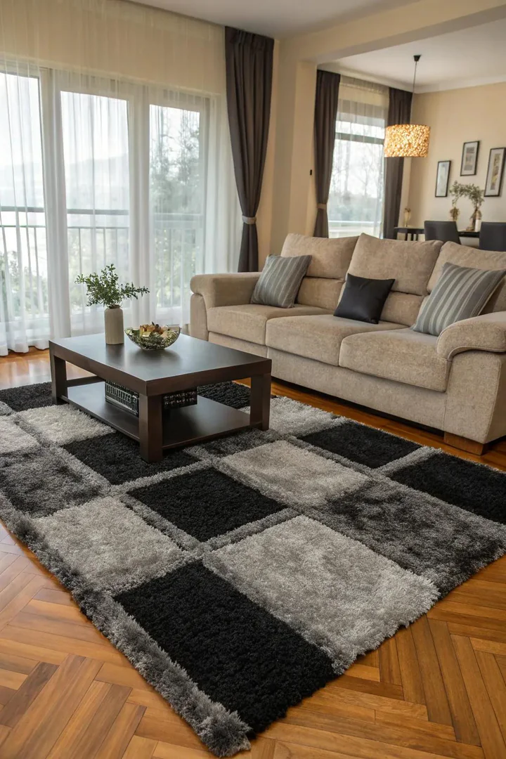 A black and gray rug unifies the room's palette.