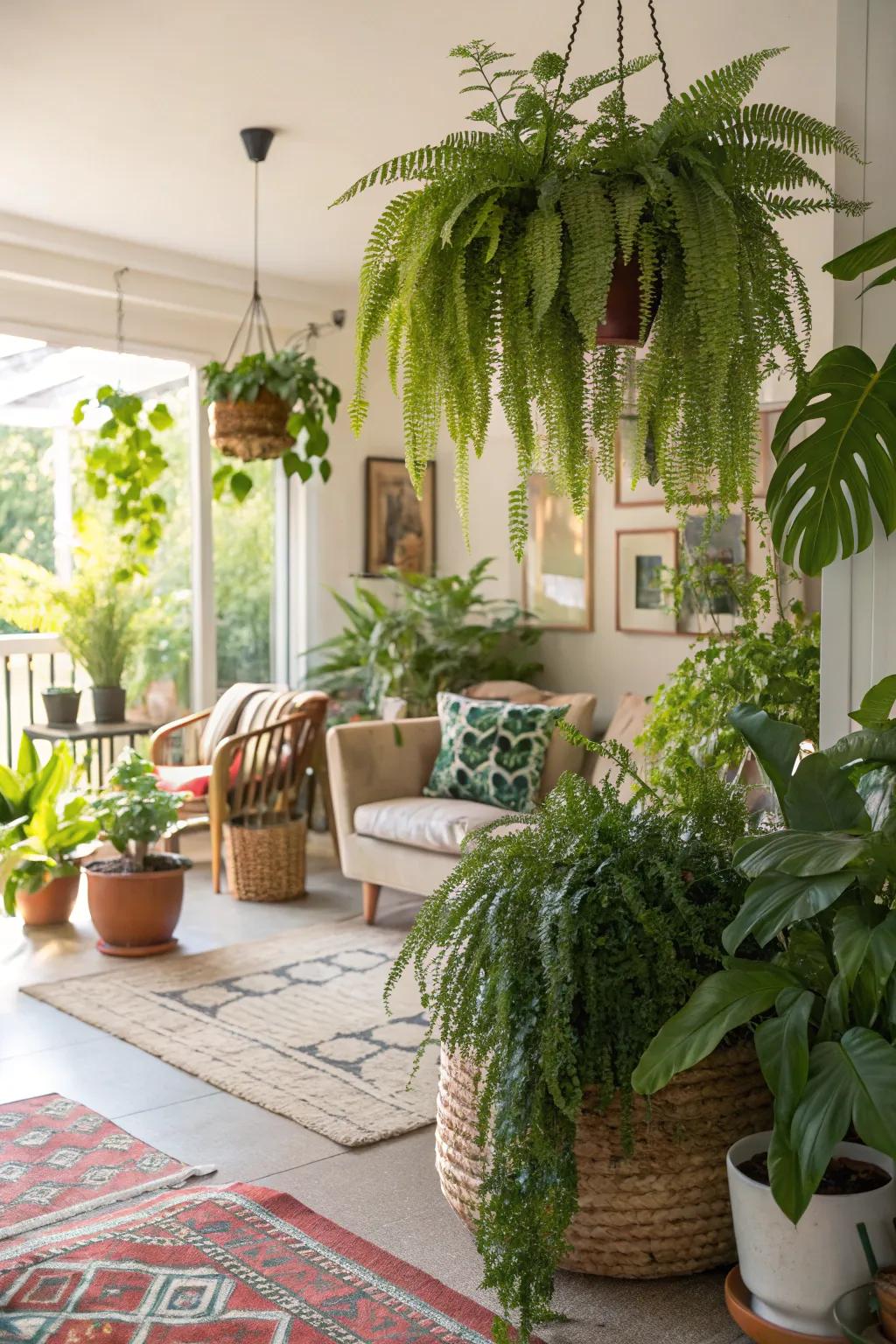 Lush greenery infuses vitality into this serene living space.