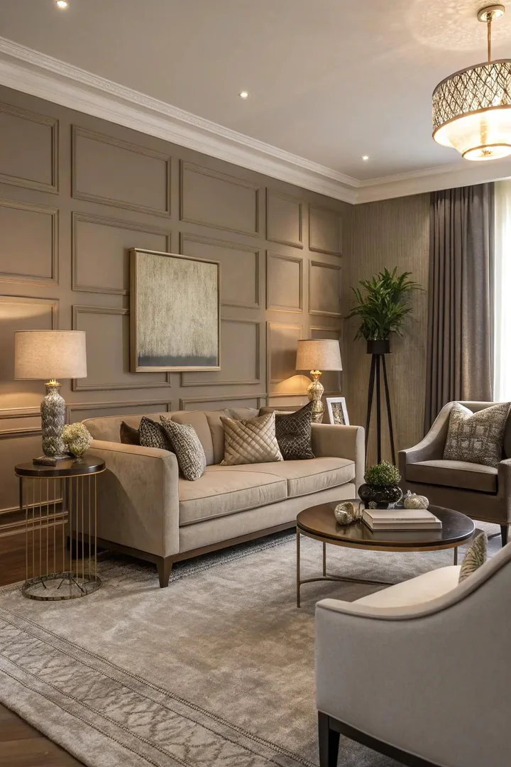 An elegant living room enriched by the subtle depth of taupe walls.