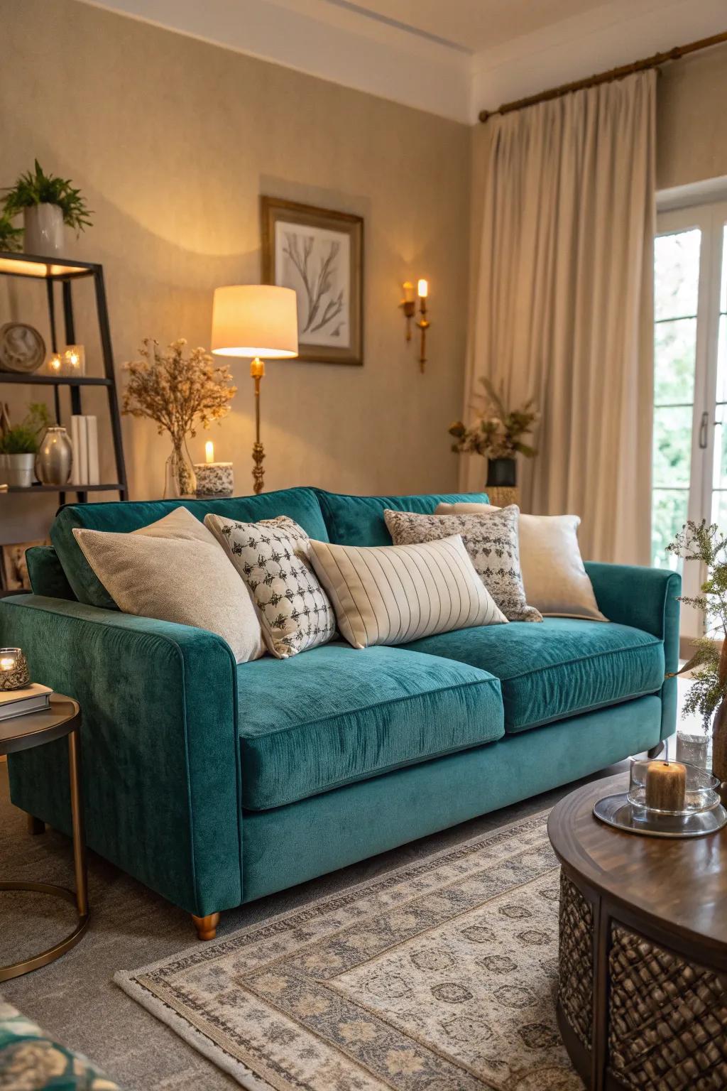 Layering textures in teal and beige brings warmth and comfort.