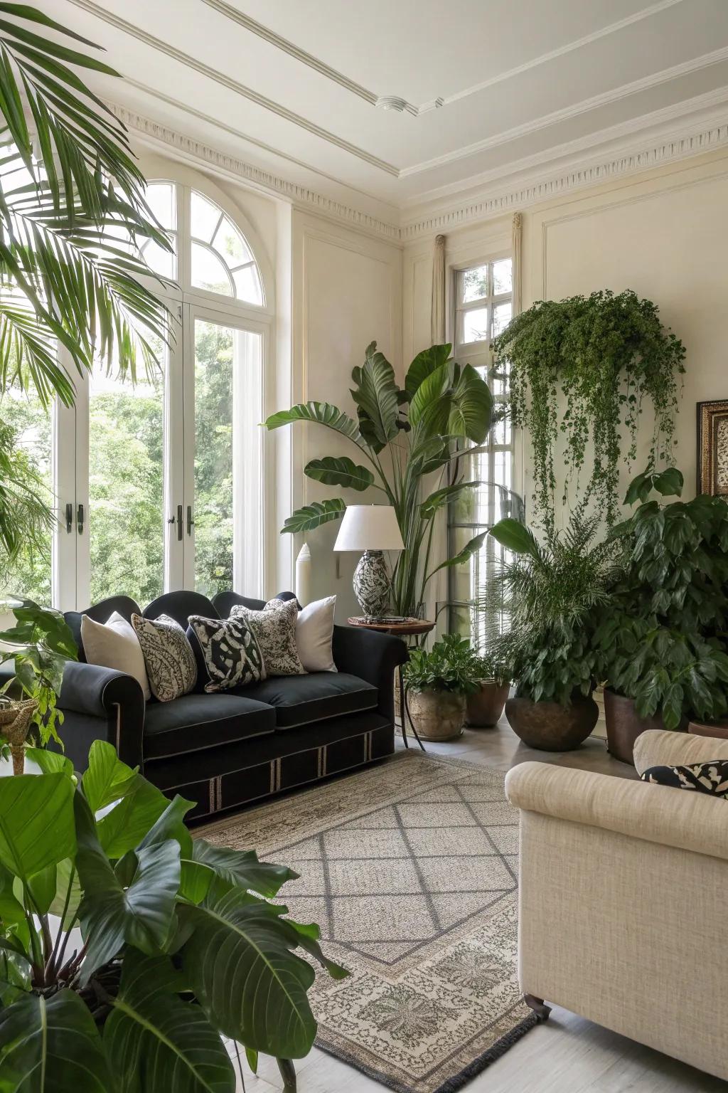 Greenery adds a refreshing touch to this black and beige living room.