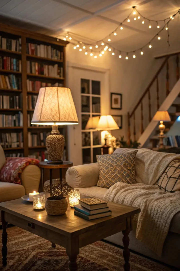 Soft lighting creates a warm and inviting atmosphere in this cozy living room.