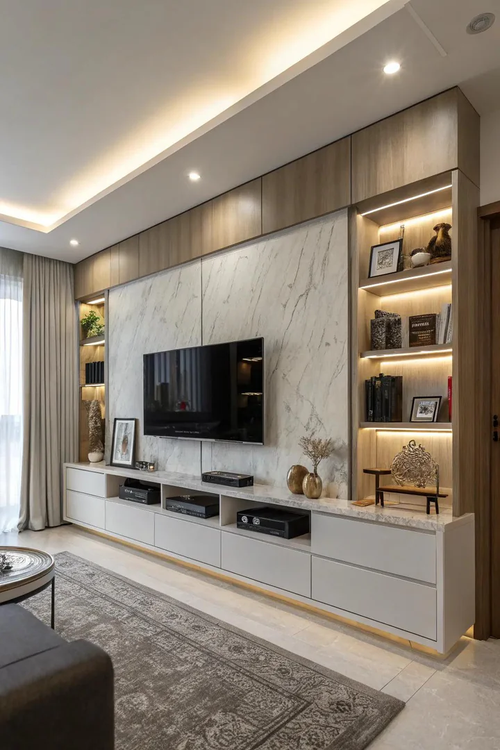 A modern living room with an integrated TV and media wall unit.