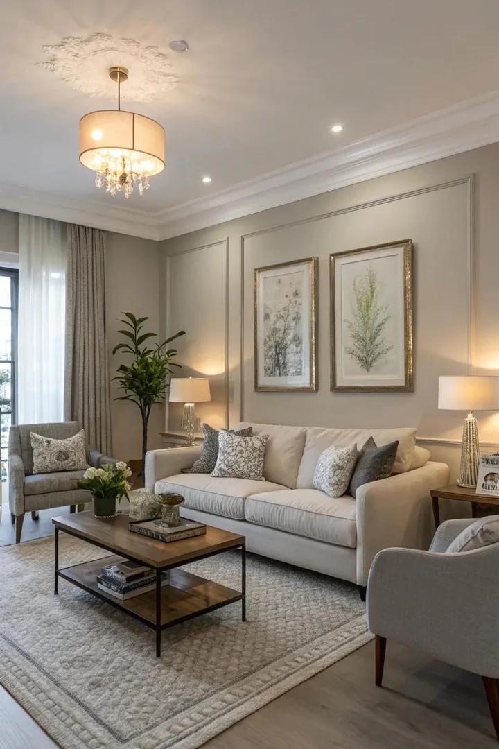 A balanced and serene living room featuring the versatile greige color.