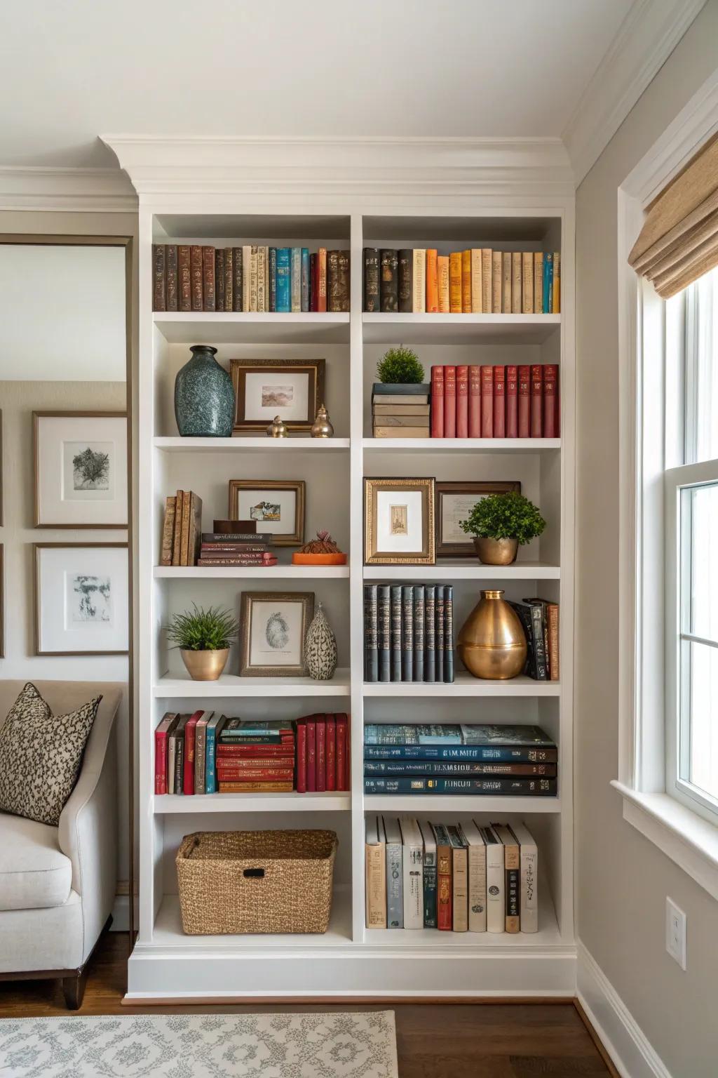 Symmetrical styling creates a harmonious and polished look on a bookshelf.
