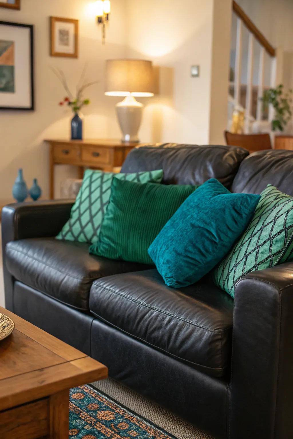 Jewel tones bring vibrancy and depth to the black leather sofa.