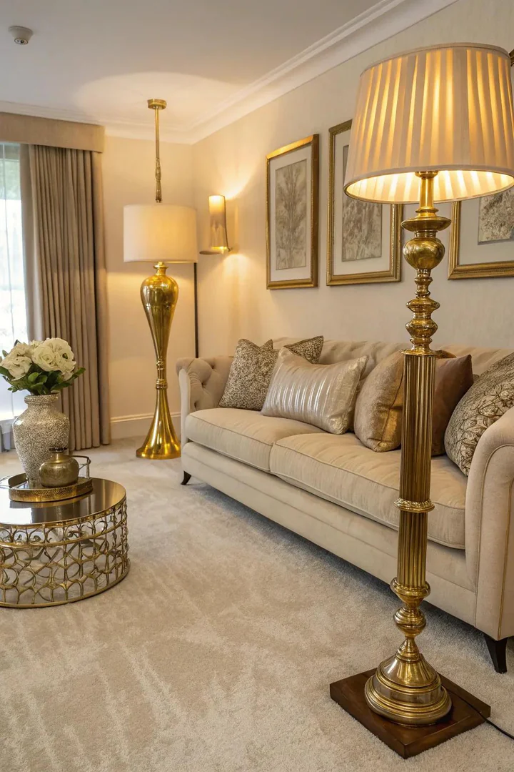 Metallic accents add glamour and sophistication to a cream carpeted space.