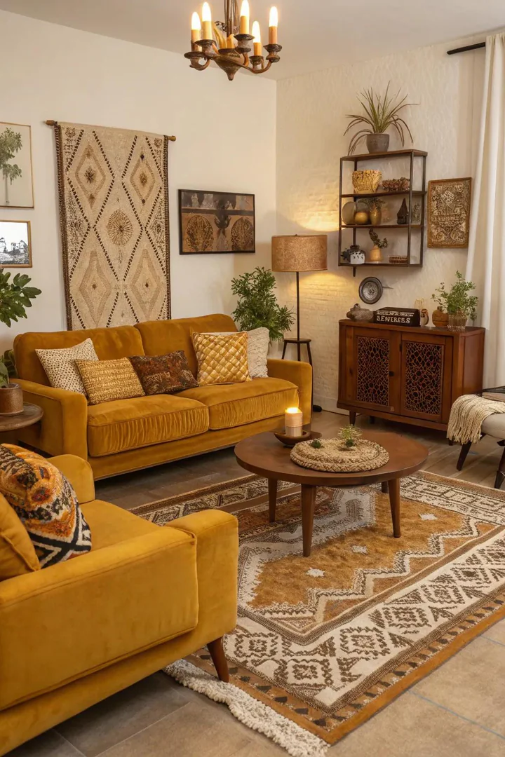 Retro colors bring warmth and a touch of nostalgia to this living room.