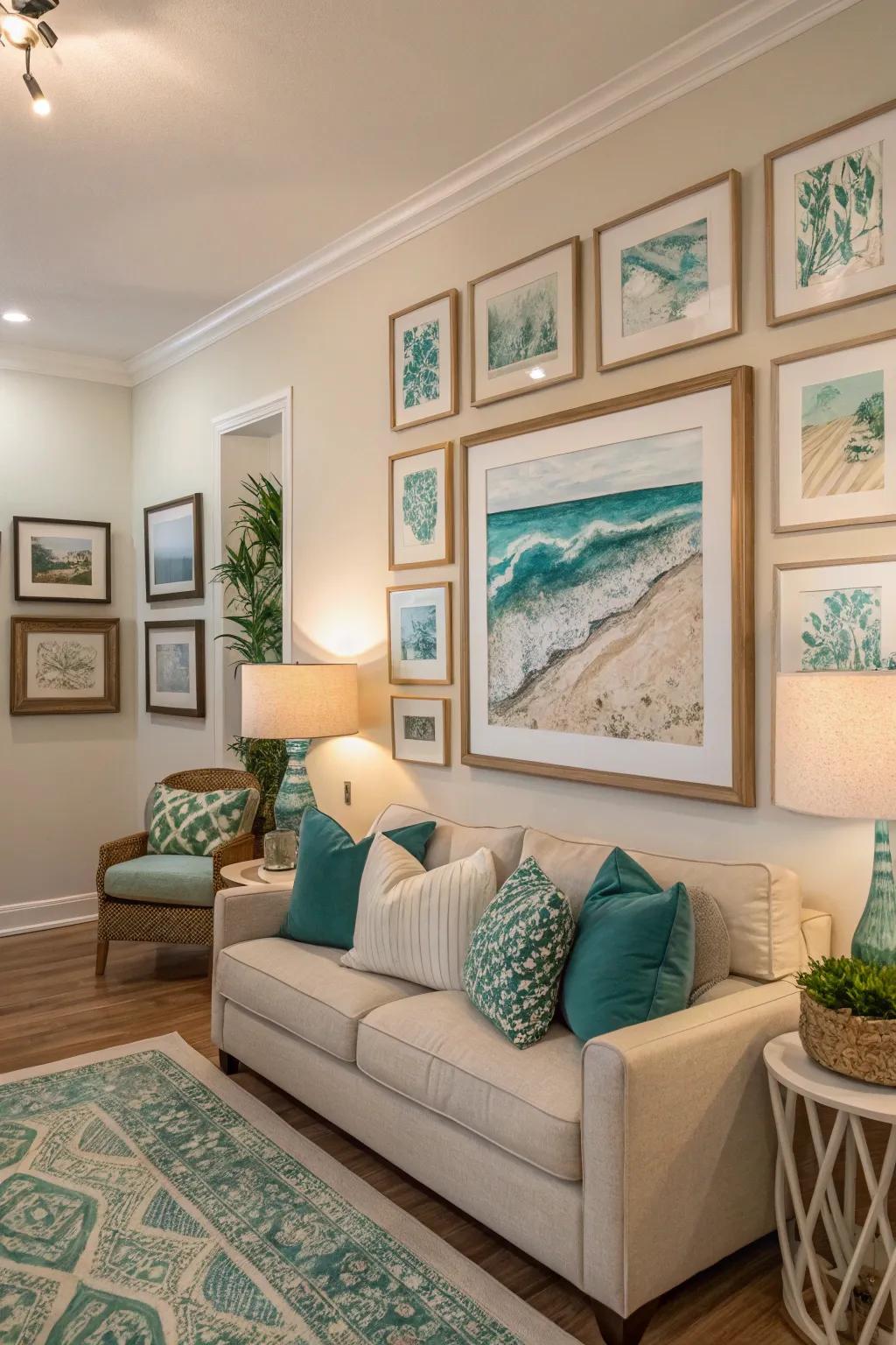 Art featuring teal and beige ties the room's palette together.