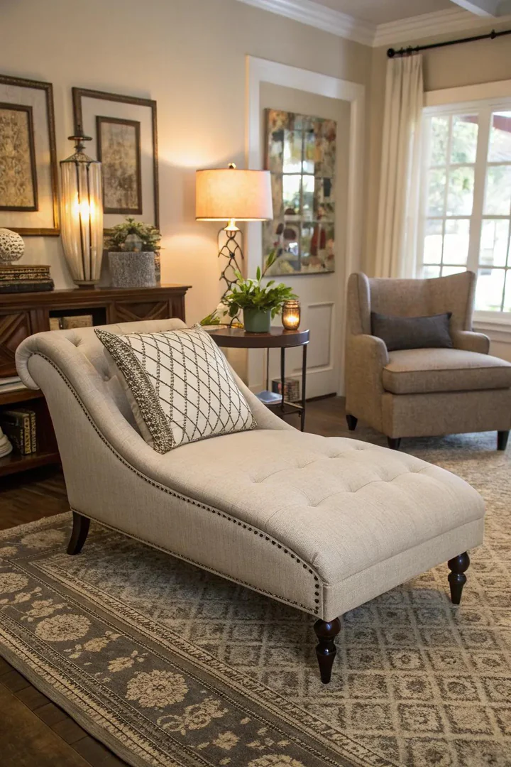 A small living room with a freestanding chaise lounge as a bold centerpiece.