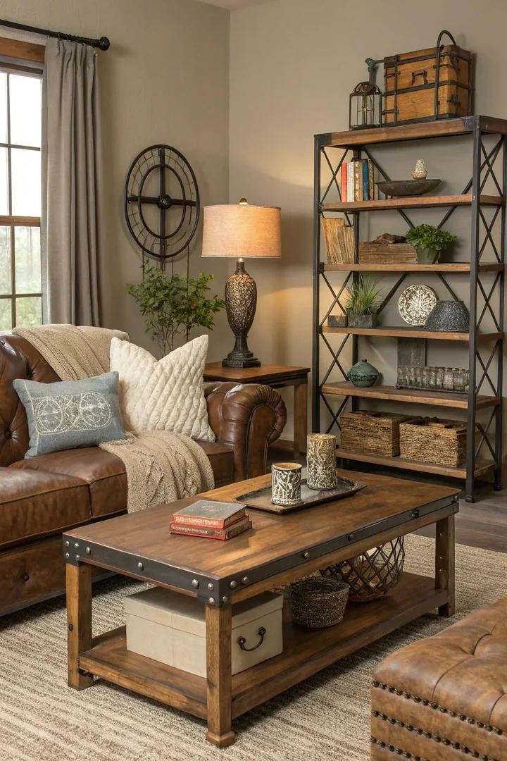 A living room showcasing a variety of textures like wood, metal, and fabric.