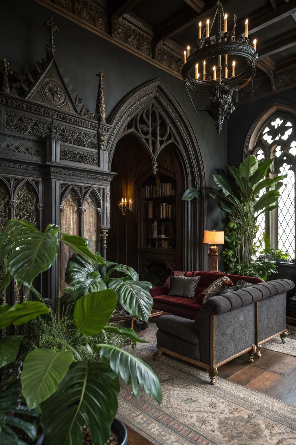 Dark leafy plants bring life into a moody space.