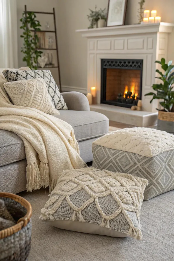 Textured fabrics add depth and warmth to a neutral living room.