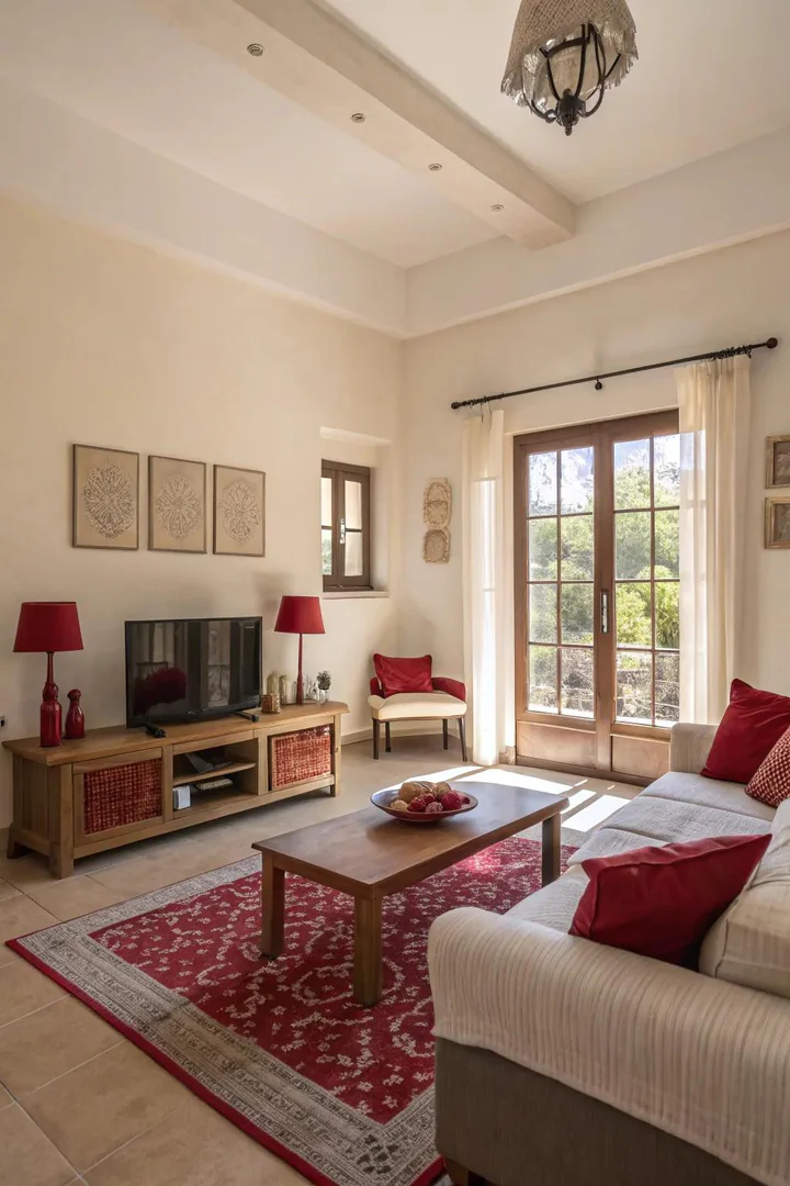 Red accents paired with neutrals create a balanced space.
