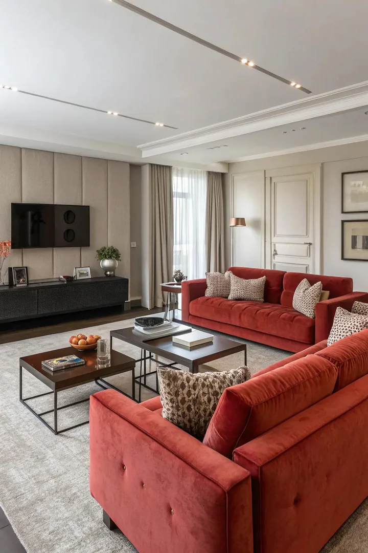 A living room where bold upholstery takes center stage against a neutral backdrop.