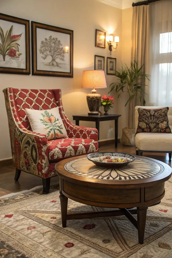 A living room featuring a statement chair and an artistic coffee table.