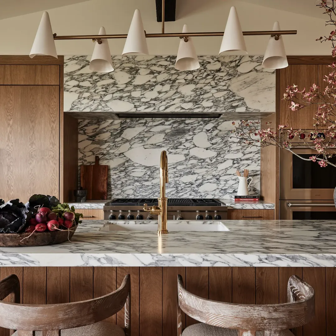 1. Sculpted Marble & Warm Oak Harmony (Contemporary Kitchen Ideas)