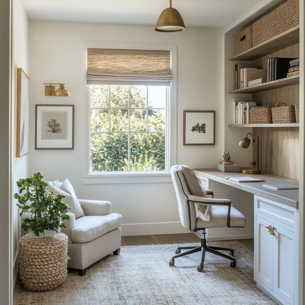 10. Tailored Compact Workspace with Brass Details (Bright Office Ideas)