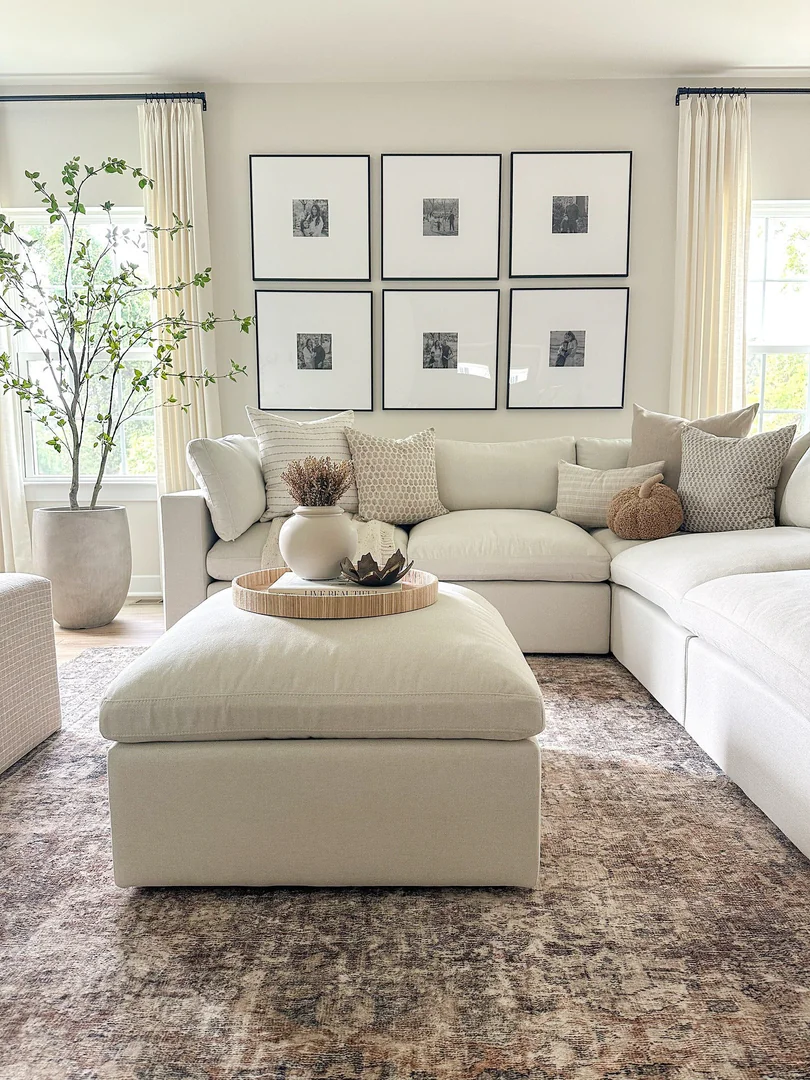 11. Modern Neutrals with Framed Symmetry (Aesthetic Living Room Ideas)