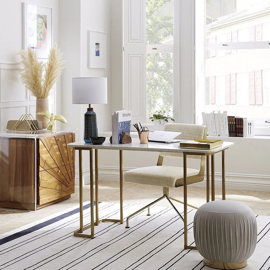 12. Soft Glam Workspace with Golden Accents (Bright Office Ideas)