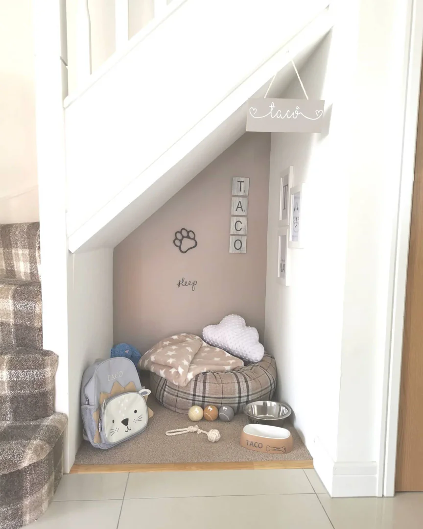 12. Soft Neutrals Under-Stair Dog Corner in Taupe and Cream (Dog Bedroom Ideas)
