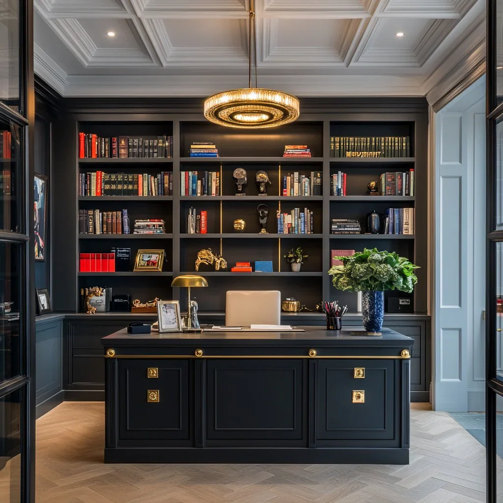 15. Classic Black Library-Inspired Office (Office Ideas for Men)