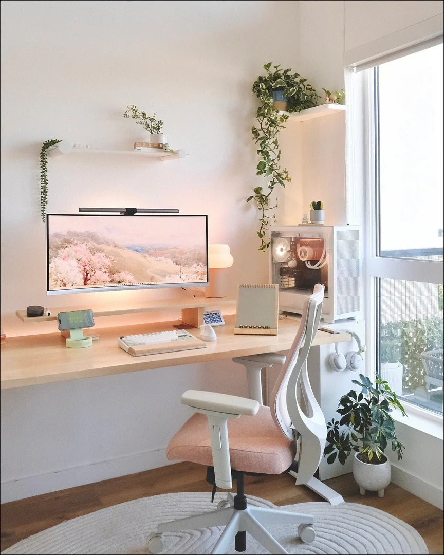 2. Modern Pastel Tech Haven (Feminine Home Office Ideas)