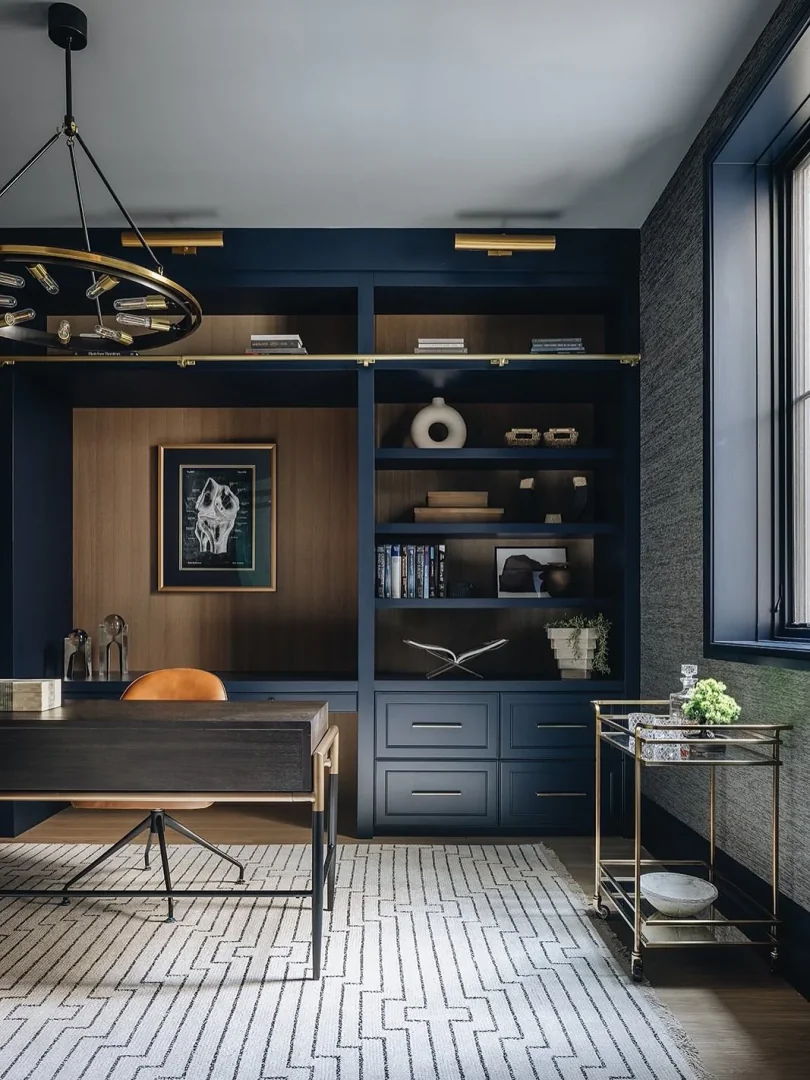 3. Navy and Wood Statement Office (Office Ideas for Men)