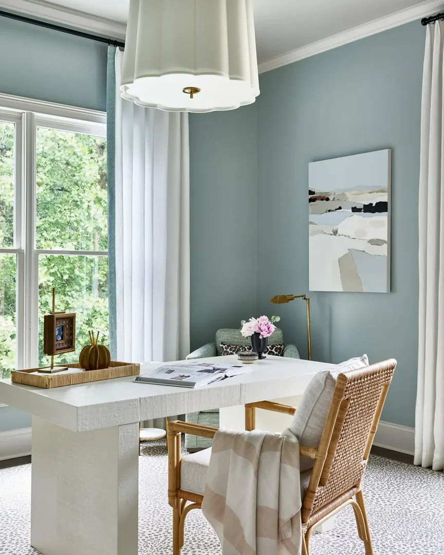 4. Soft Sage Workspace with Organic Accents (Bright Office Ideas)
