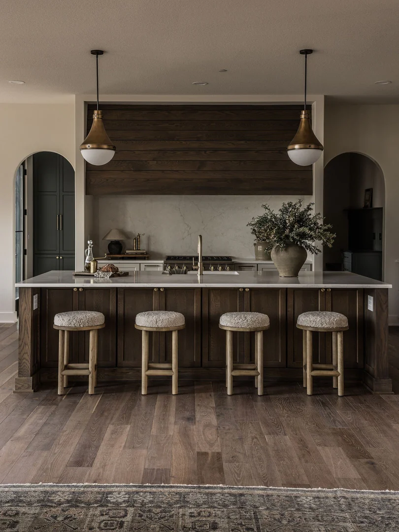 6. Chocolate Oak and Brass Sophistication (Countertop Ideas for Kitchen)
