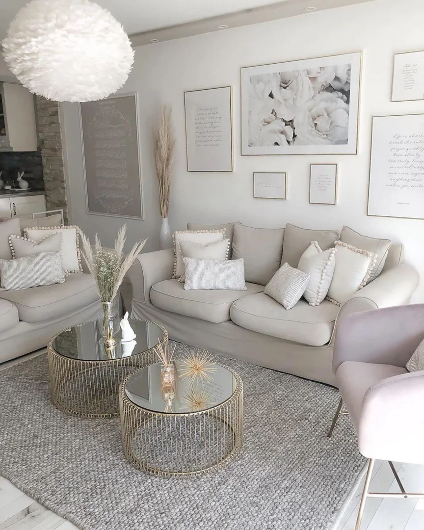 6. Soft Luxe Glamour (Aesthetic Living Room Ideas)