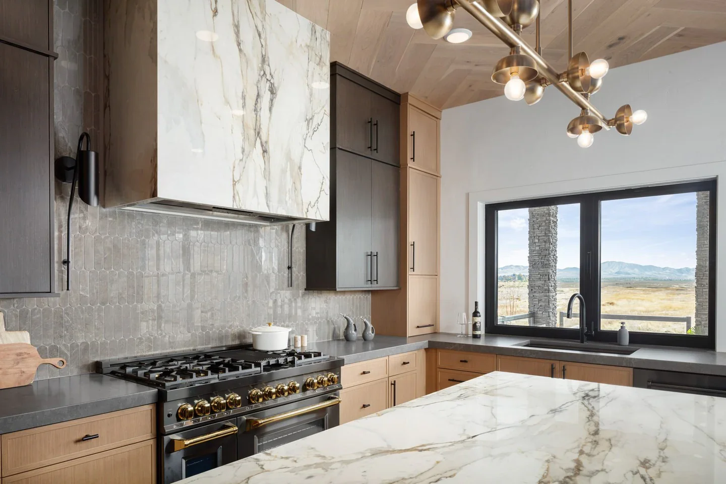 7. Modern Warmth with Taupe and Charcoal Layers (Gray Kitchen Backsplash Ideas)