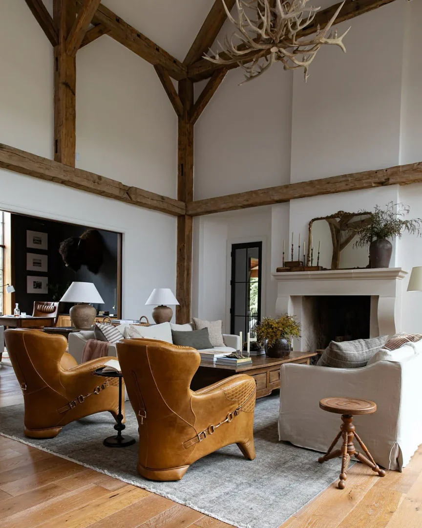 7. Rustic Sophistication with Leather Accents (Modern Farmhouse Living Room Ideas)