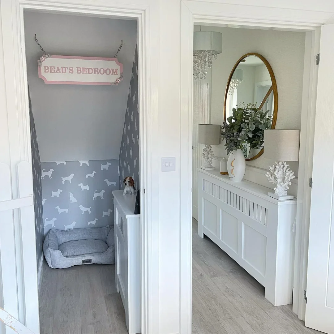 8. Chic Grey Dog Hideaway with Custom Signage (Dog Bedroom Ideas)